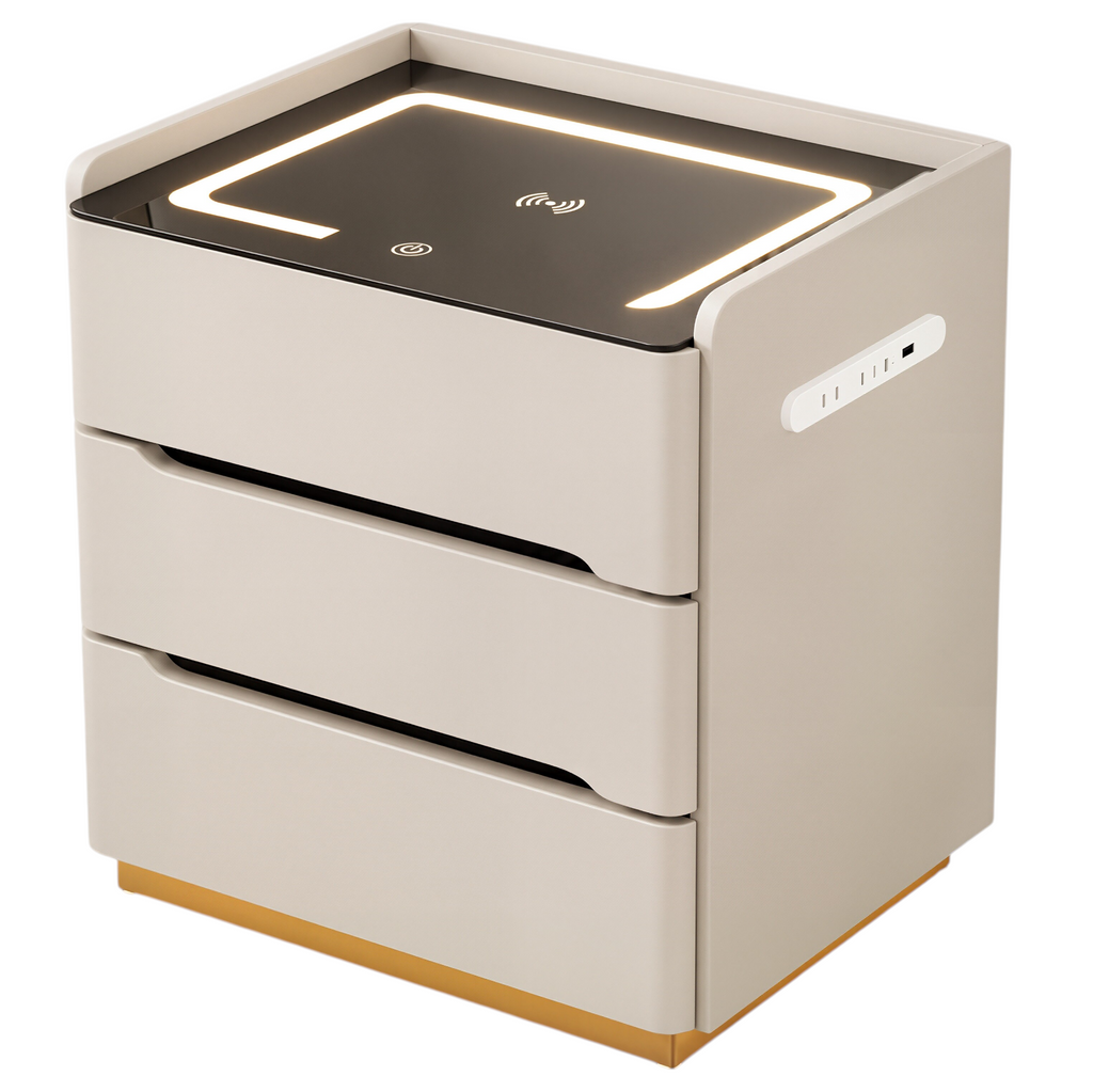 Smart Bedside Table with Wireless Charging and LED Light
