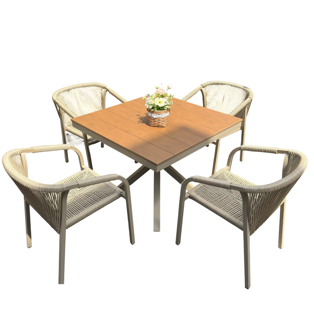 Outdoor Rope-Weave Dining Set With Timber-Look Table