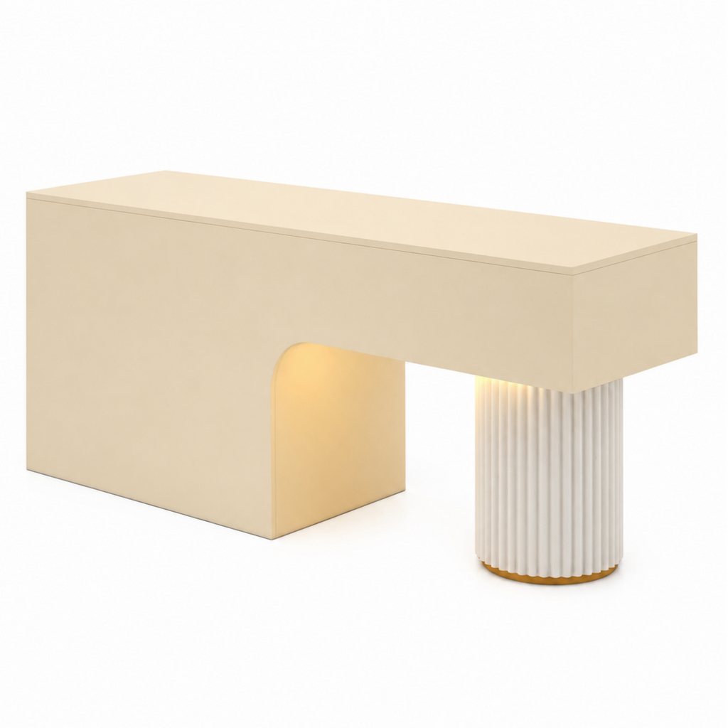 Travertine-Look Reception Desk with Fluted Column and LED Accent