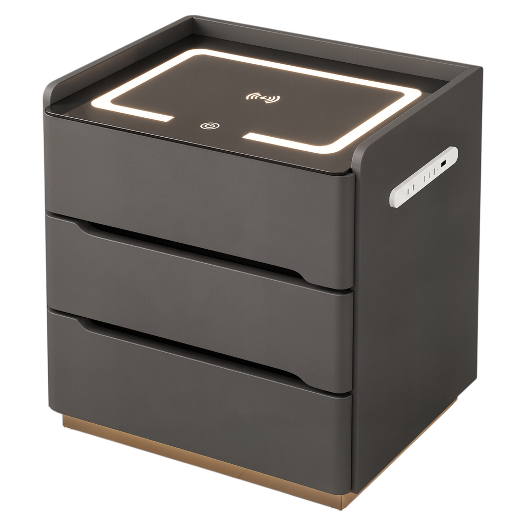 Smart Bedside Table with Wireless Charging and LED Light