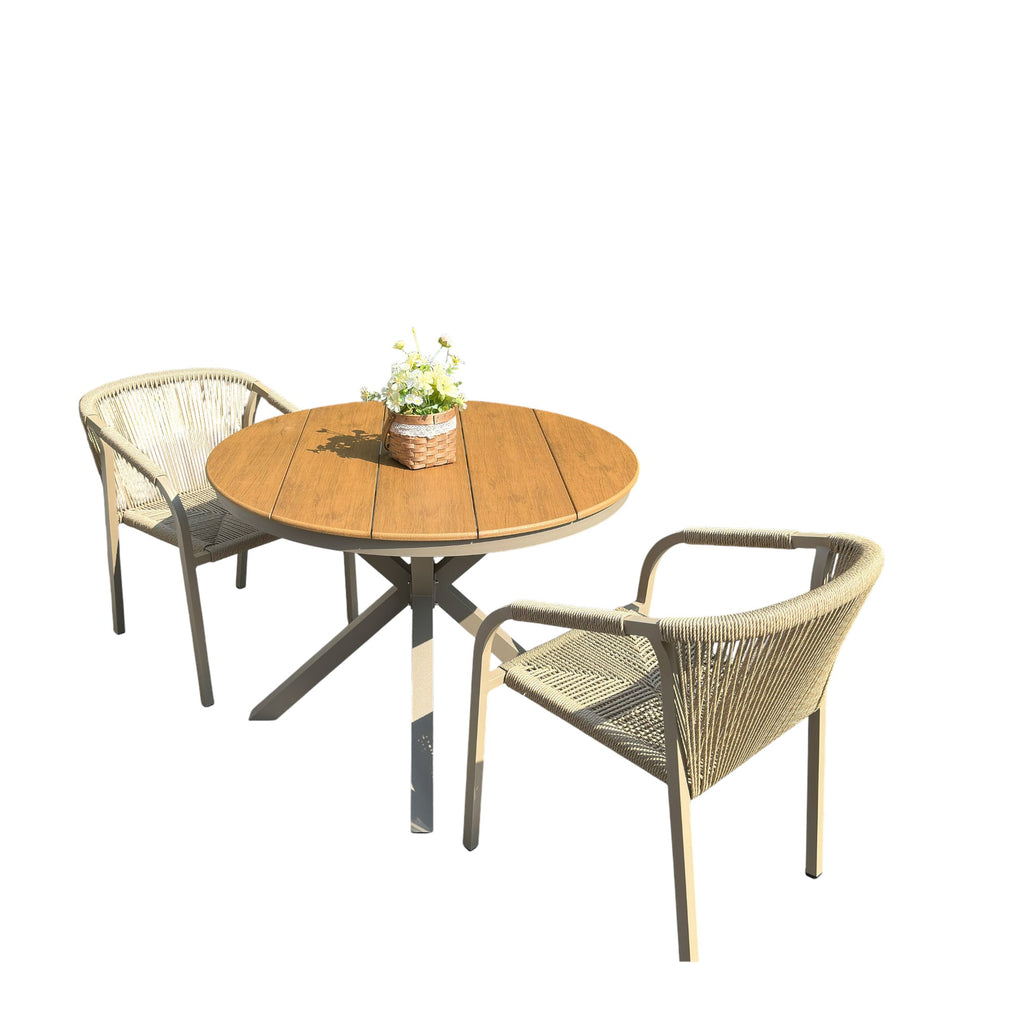 Outdoor Rope-Weave Dining Set With Timber-Look Table