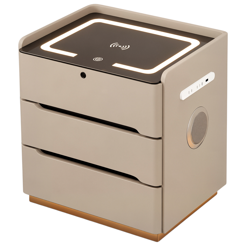 Smart Bedside Table with Wireless Charging and LED Light