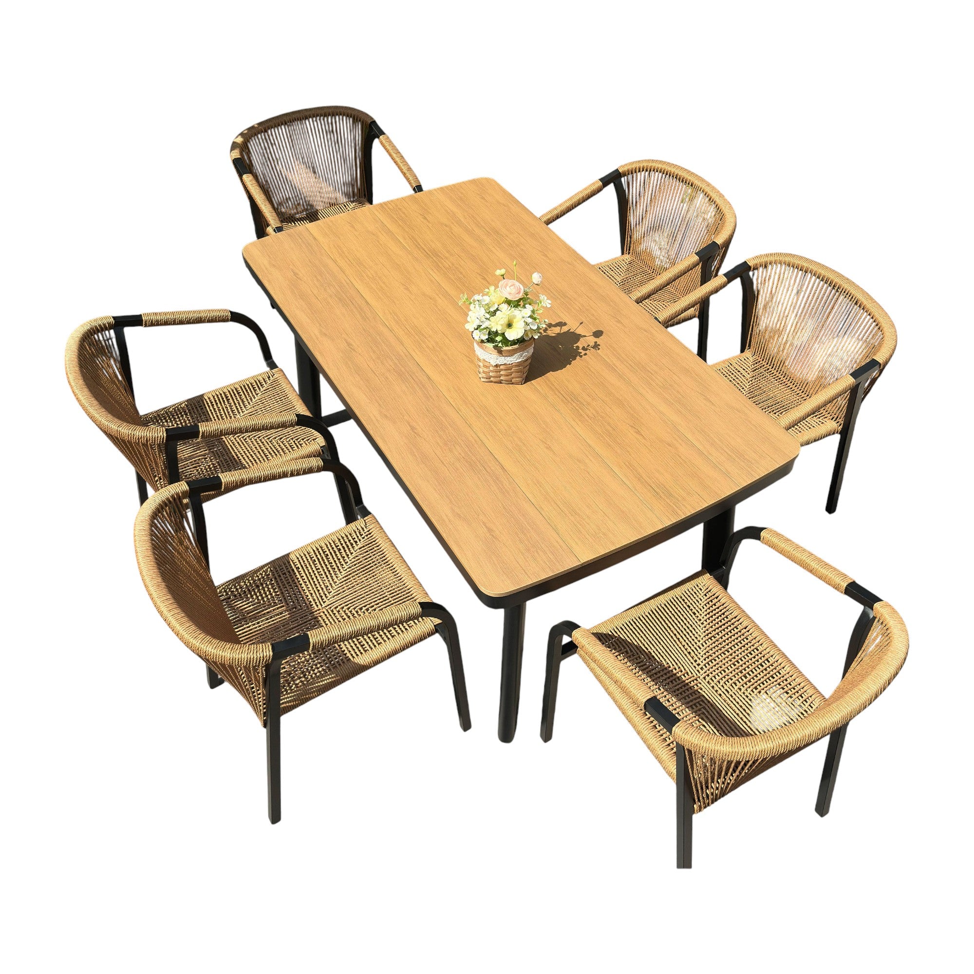 Outdoor Rope-Weave Dining Set With Timber-Look Table