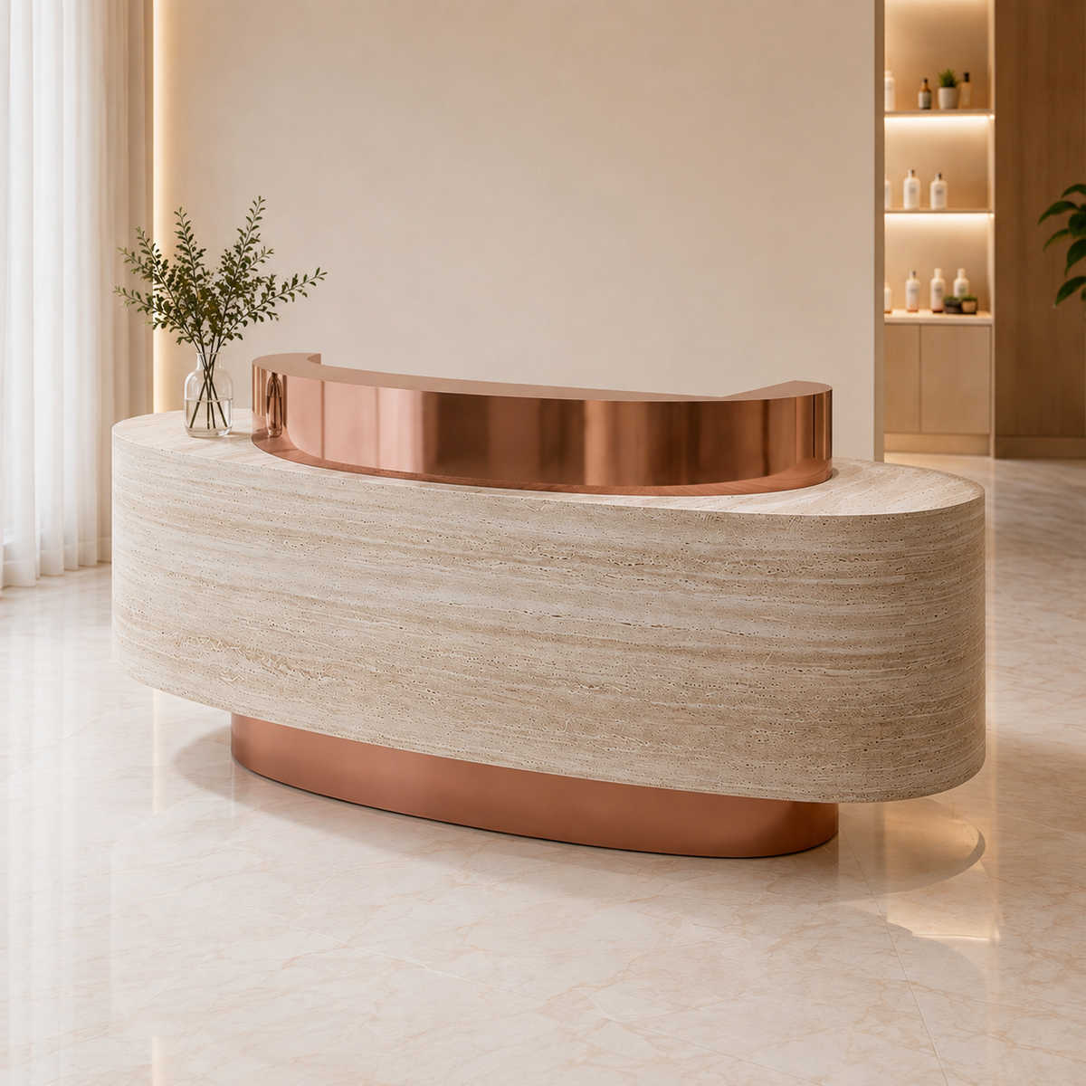 Curved Reception Counter with Custom Branding and Integrated Storage