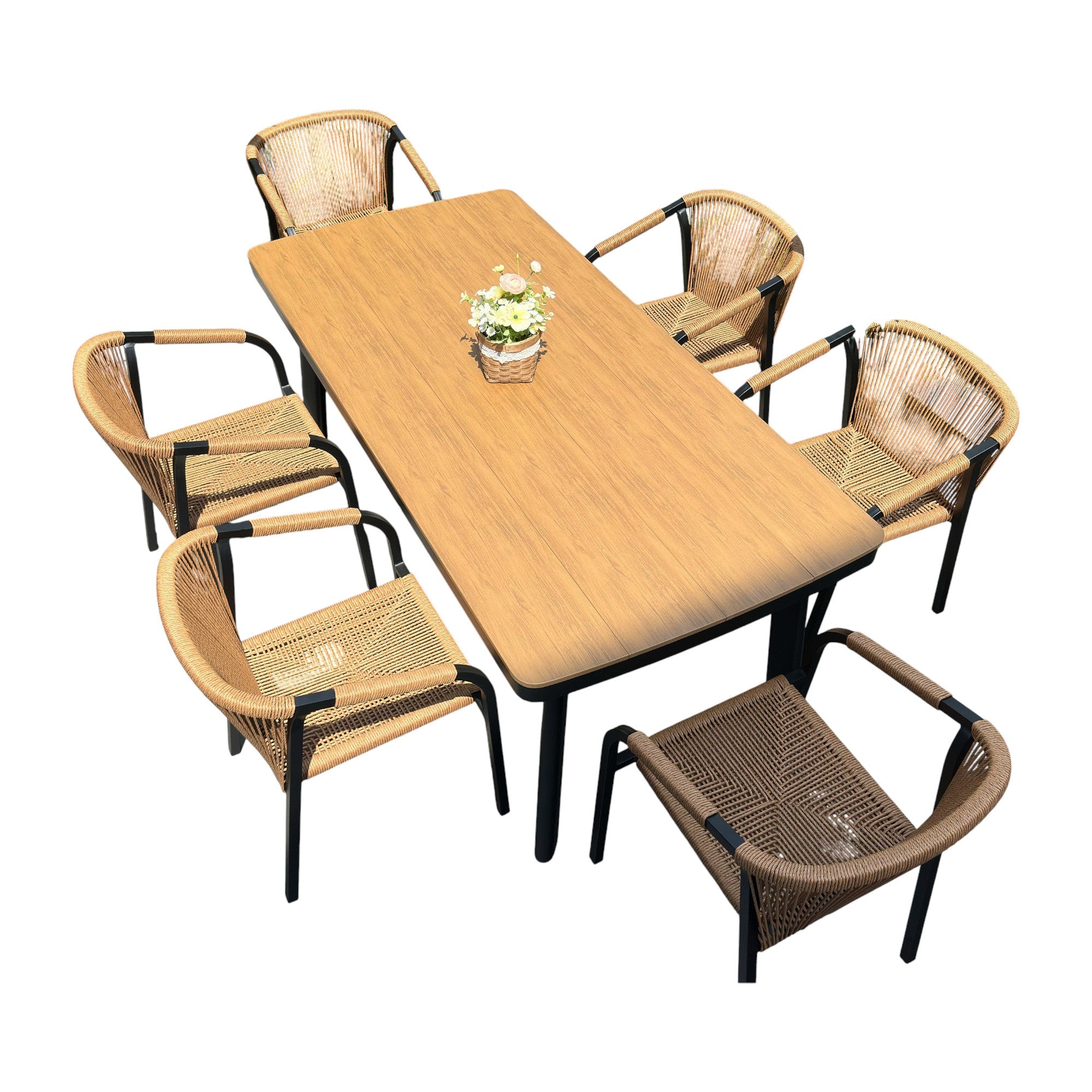 Outdoor Rope-Weave Dining Set With Timber-Look Table