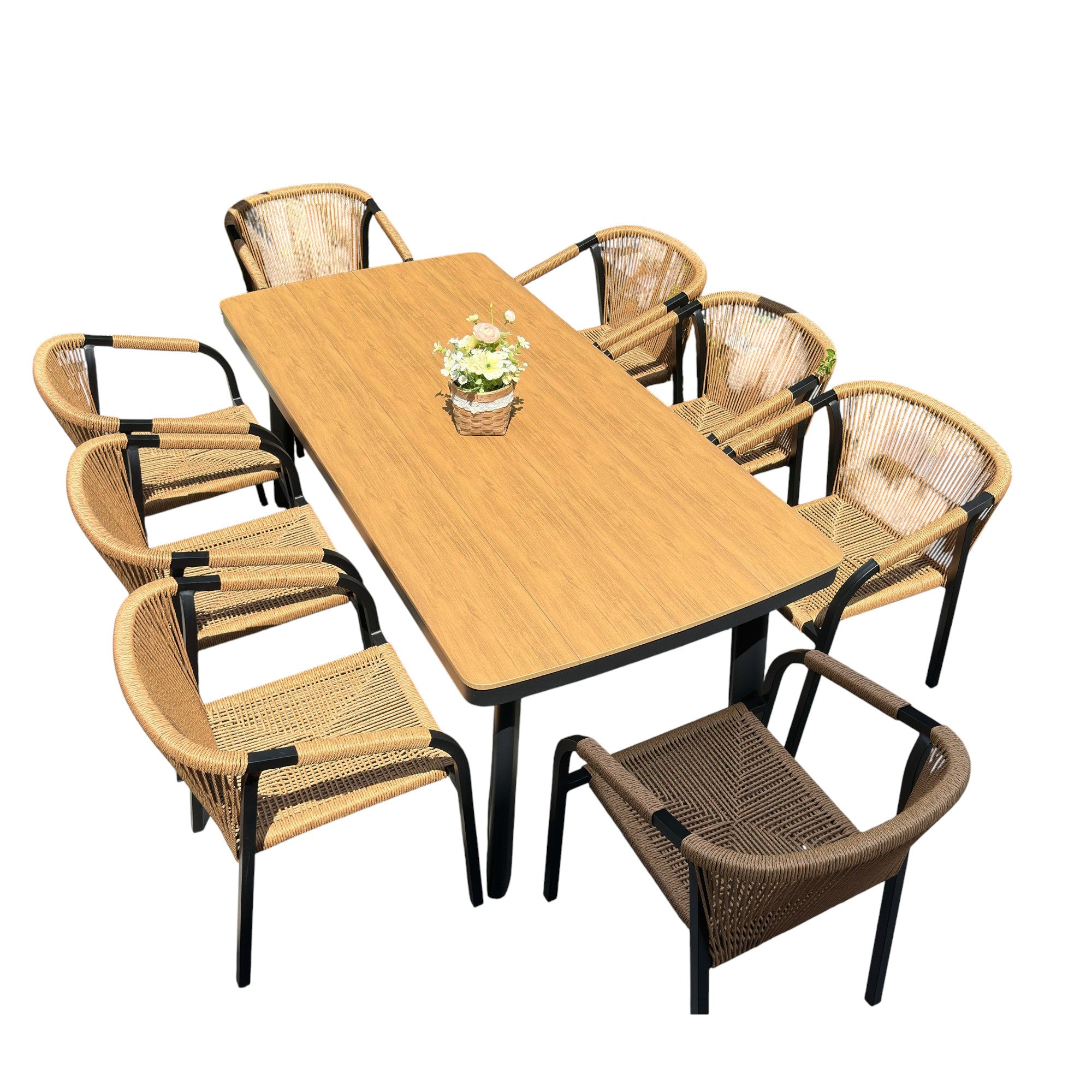 Outdoor Rope-Weave Dining Set With Timber-Look Table
