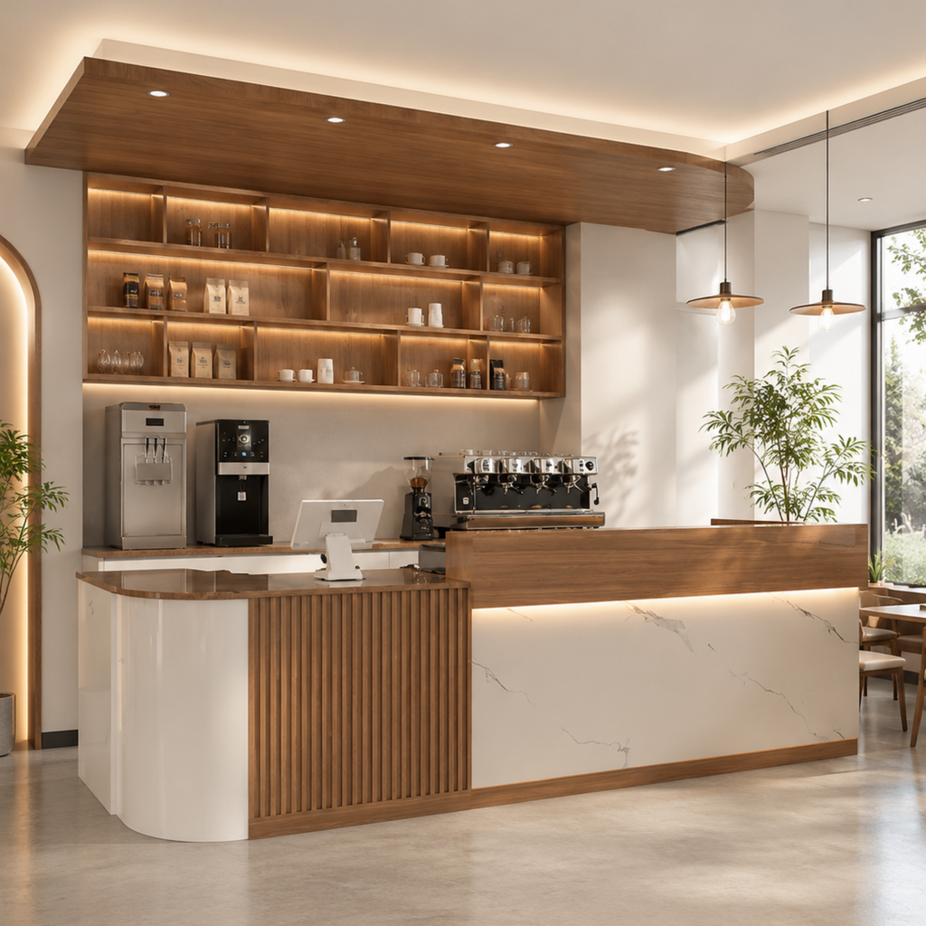 Slatted Timber Café Counter with LED Front Panel