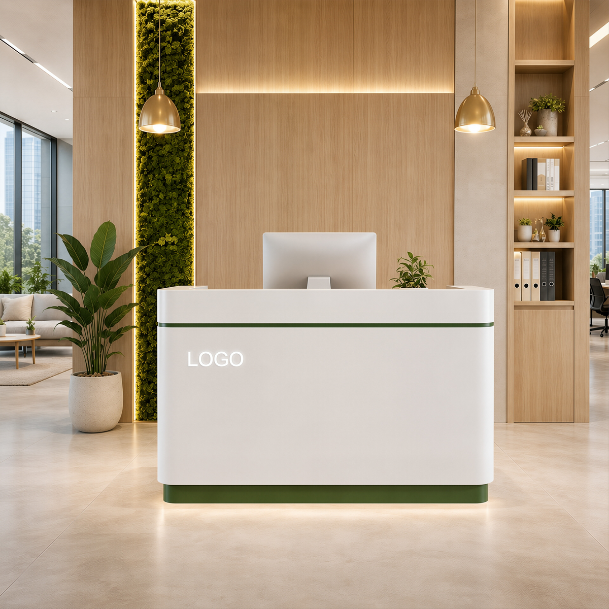 Minimalist Compact Reception Desk with Curved Corners and High-Gloss Finish for Boutique Offices
