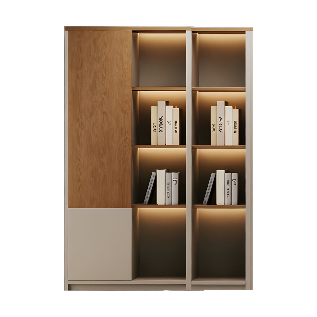 Modern Executive Office Storage Cabinet with Open Shelves and LED Display Lighting