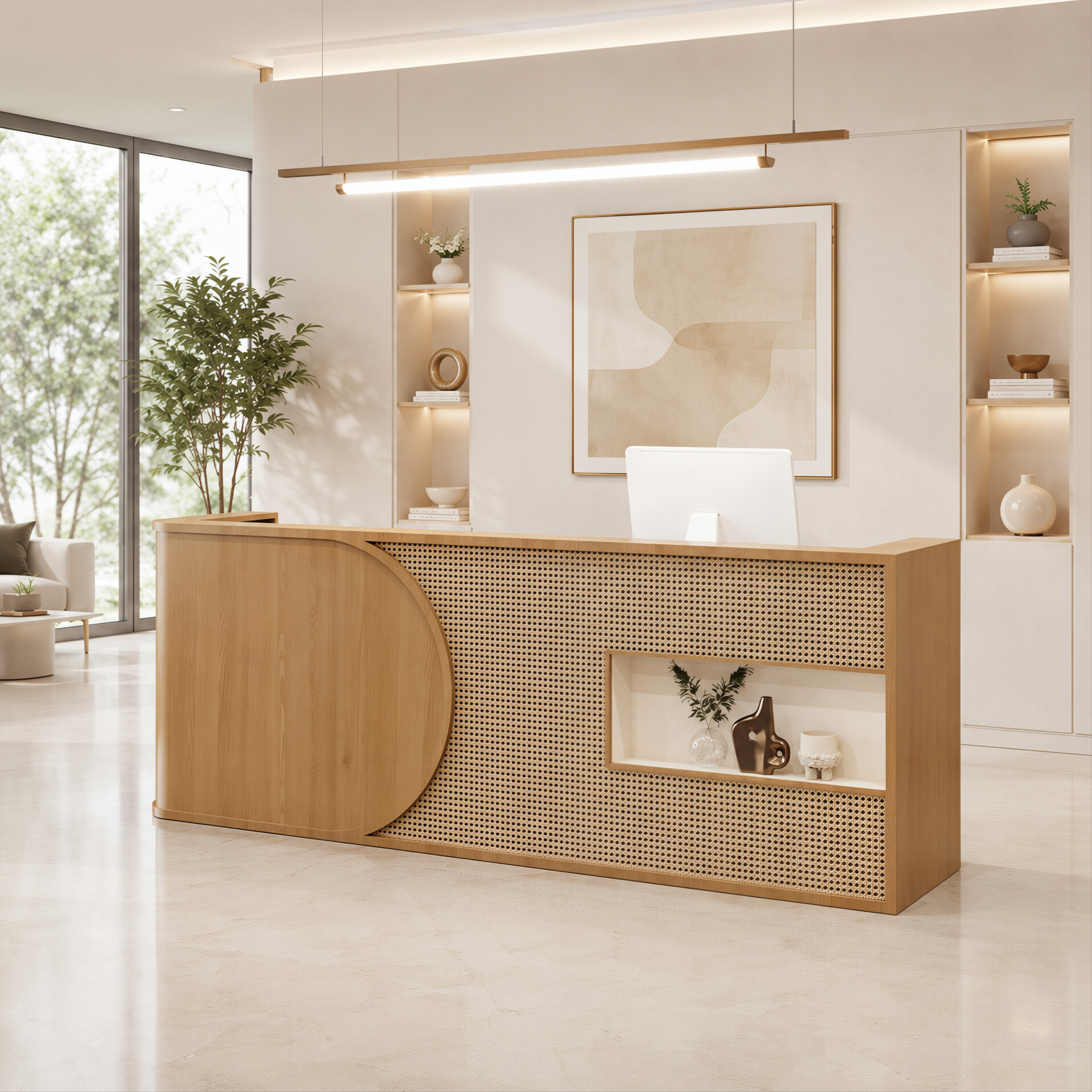 Curved Rattan Reception Desk with Display Shelf