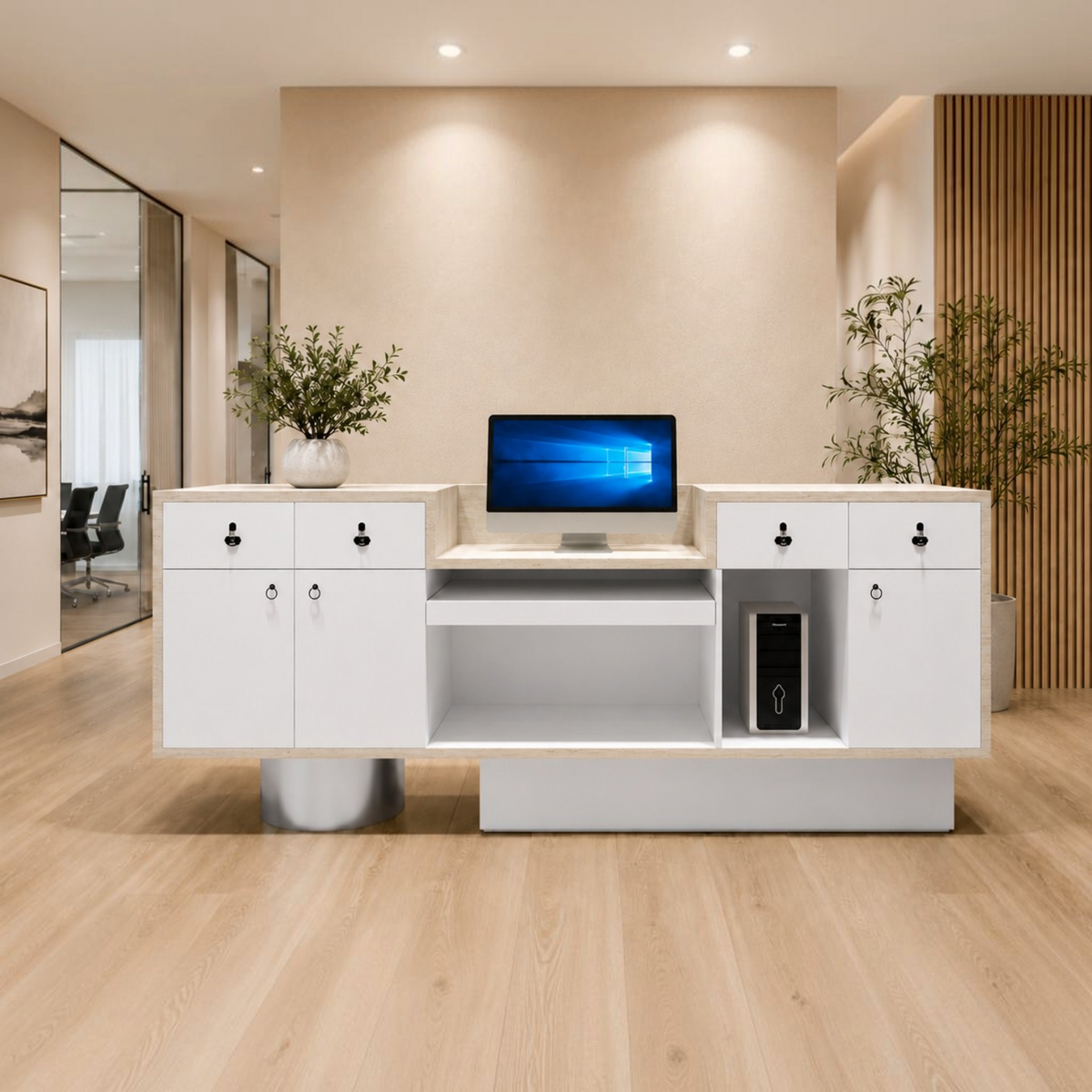 Luxury Travertine-Look Reception Counter with Modern Curved Design