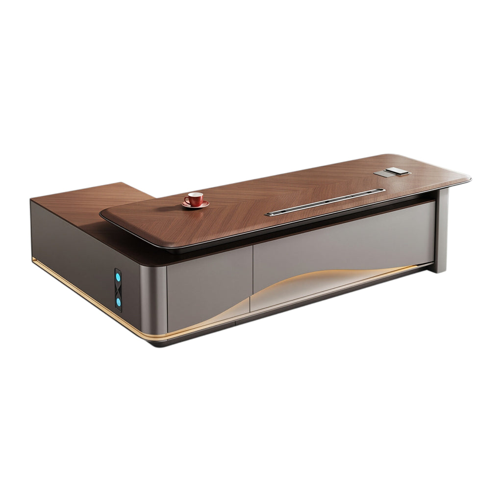 Luxurious L-Shaped Executive Desk with Integrated Wireless Charging Hub and LED Ambient Lighting