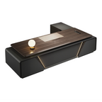Modern Executive Desk With LED Accent Panel, Integrated Storage Credenza And Rounded Corners