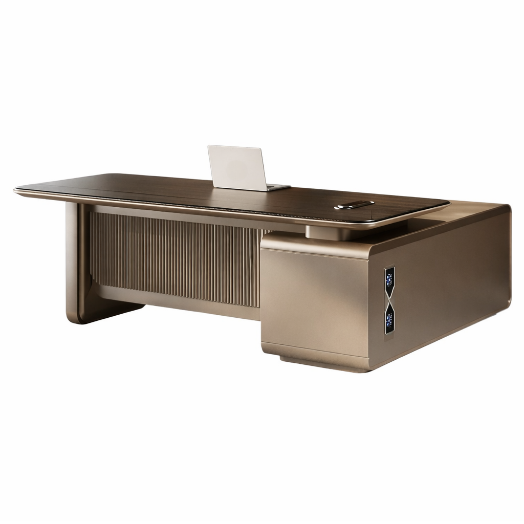 Walnut Executive Office Desk with Side Credenza, LED Ambient Panel and Cable Management