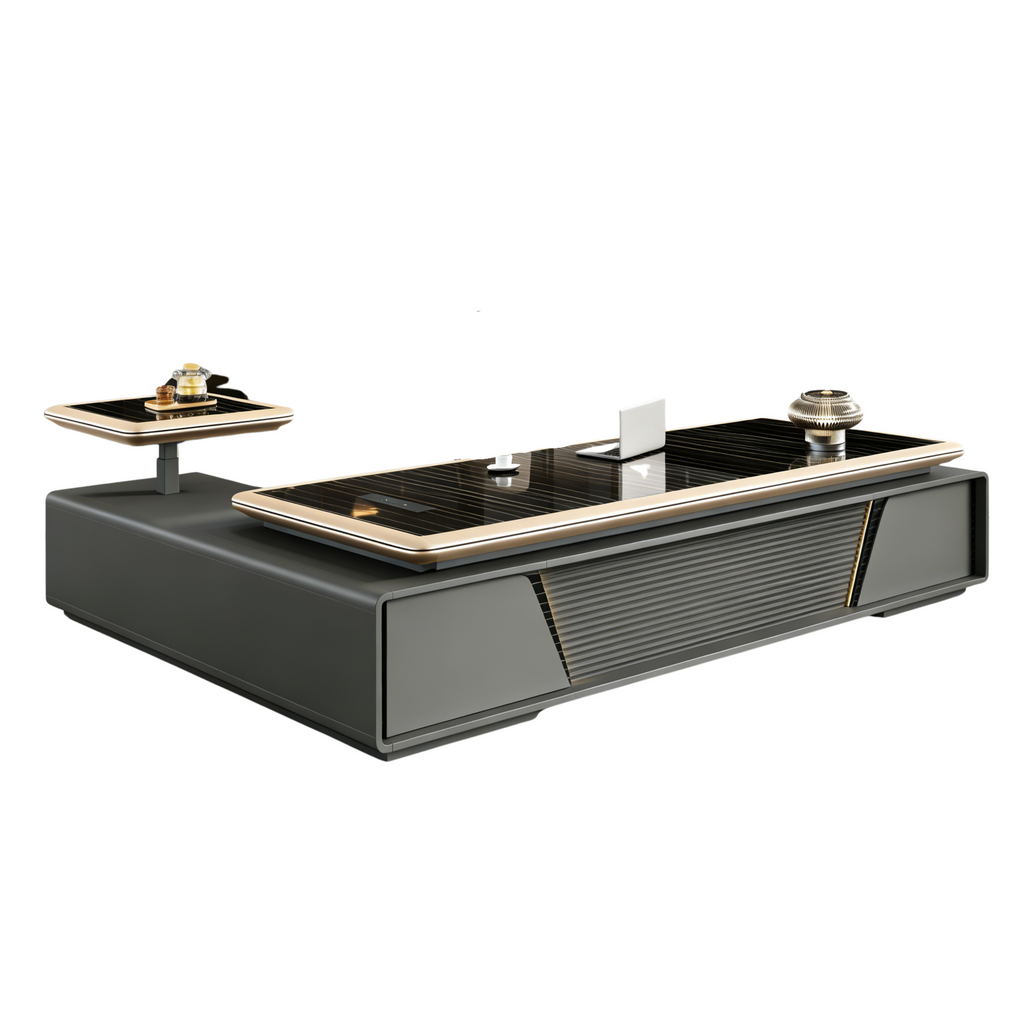 Luxury Black Glass-Top Executive Desk with Lift Side Table and Fluted Front Panel
