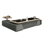 Luxury Black Glass-Top Executive Desk with Lift Side Table and Fluted Front Panel