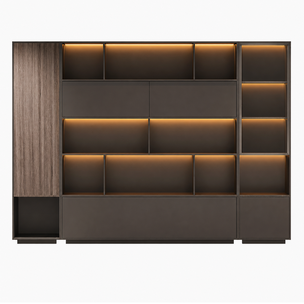 Executive Storage Wall Unit with LED Shelving and Wardrobe