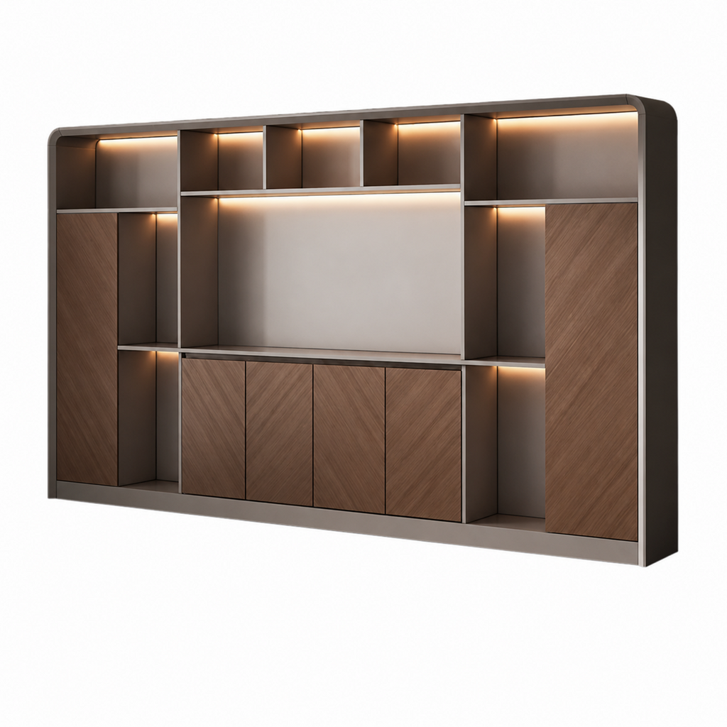 Curved-Frame Office Storage Wall Unit with LED Display Shelving