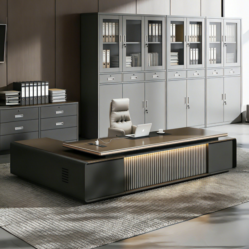 Modern Low-Profile Executive Desk with LED Feature Panel and Integrated Storage