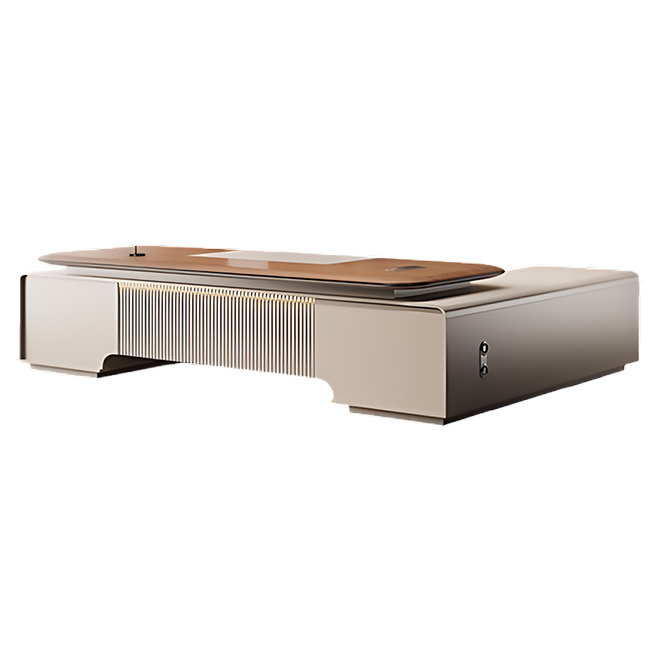 Contemporary Timber Executive Desk with Slatted Front and Matching Storage Wall