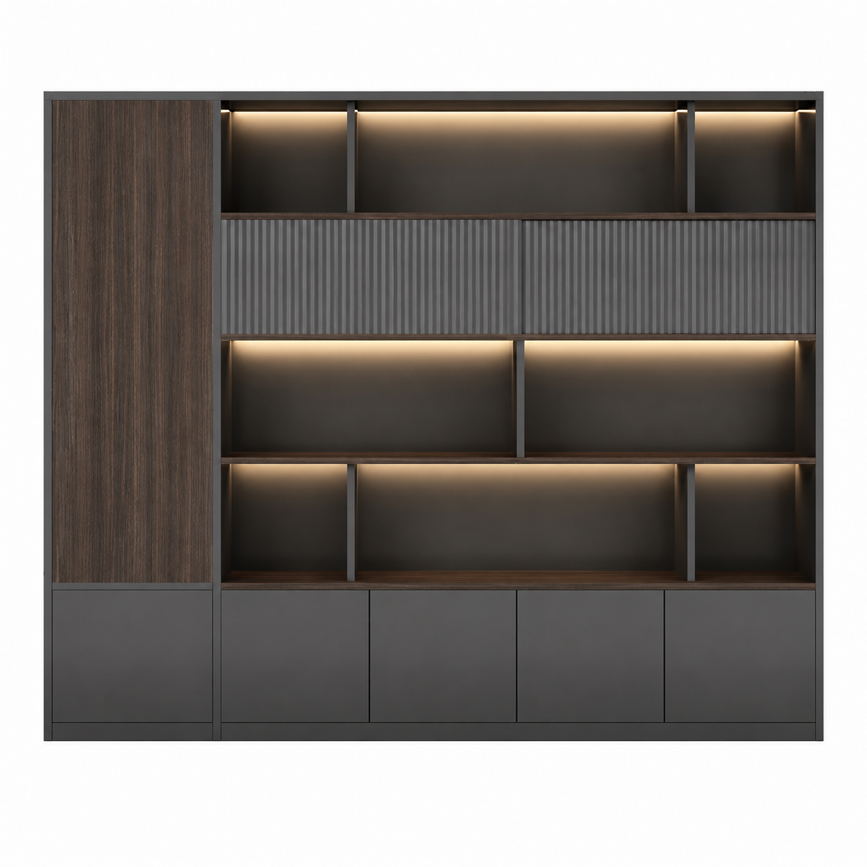 Dark Woodgrain Office Storage Suite with Fluted Panel Doors