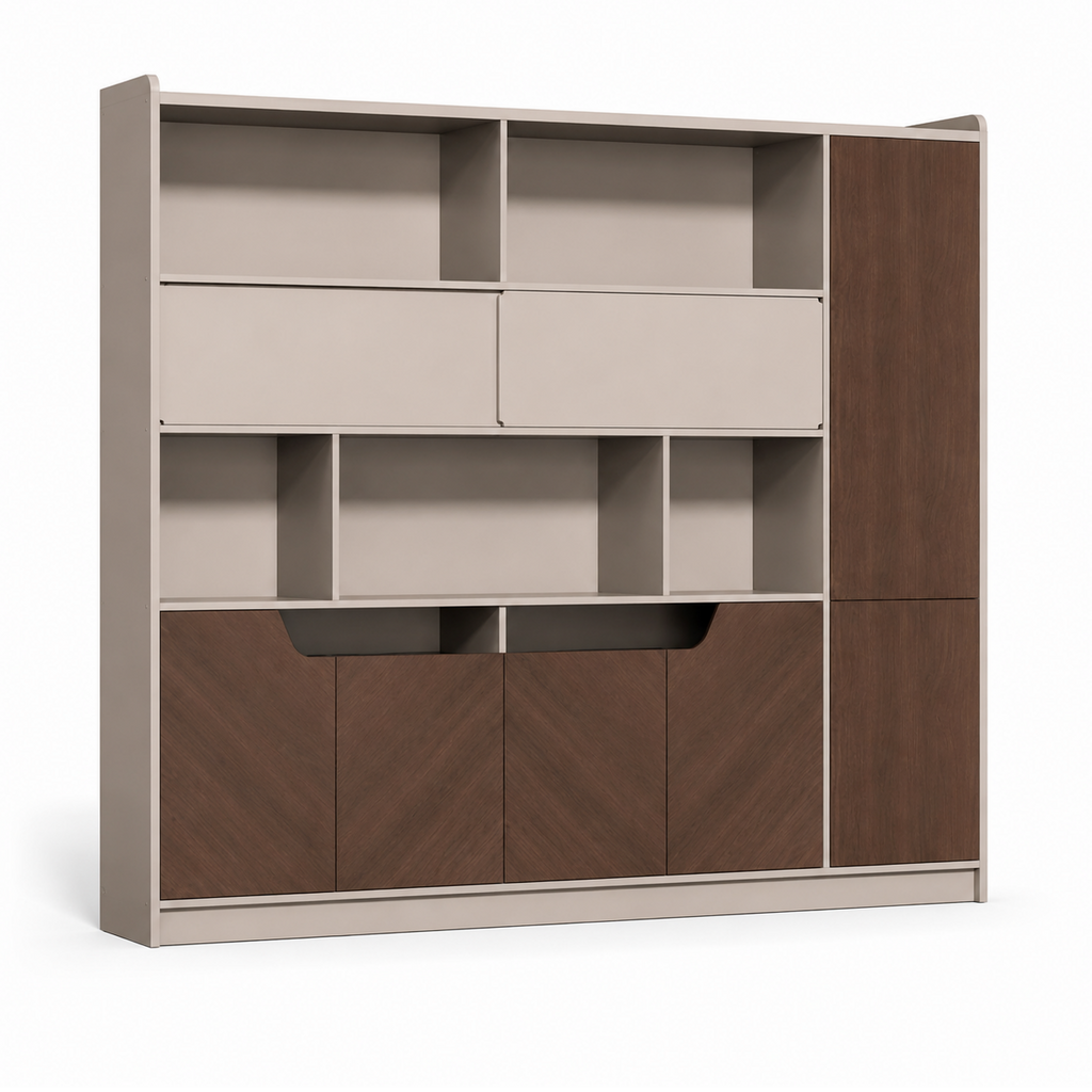 Modern Timber Storage Cabinet with Open Shelves and Glass Display