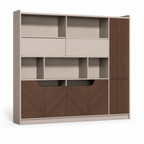 Modern Timber Storage Cabinet with Open Shelves and Glass Display
