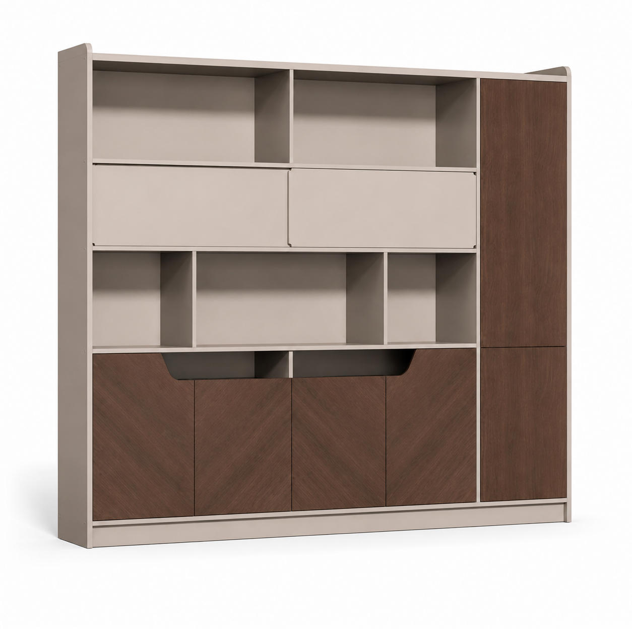 Modern Timber Storage Cabinet with Open Shelves and Glass Display