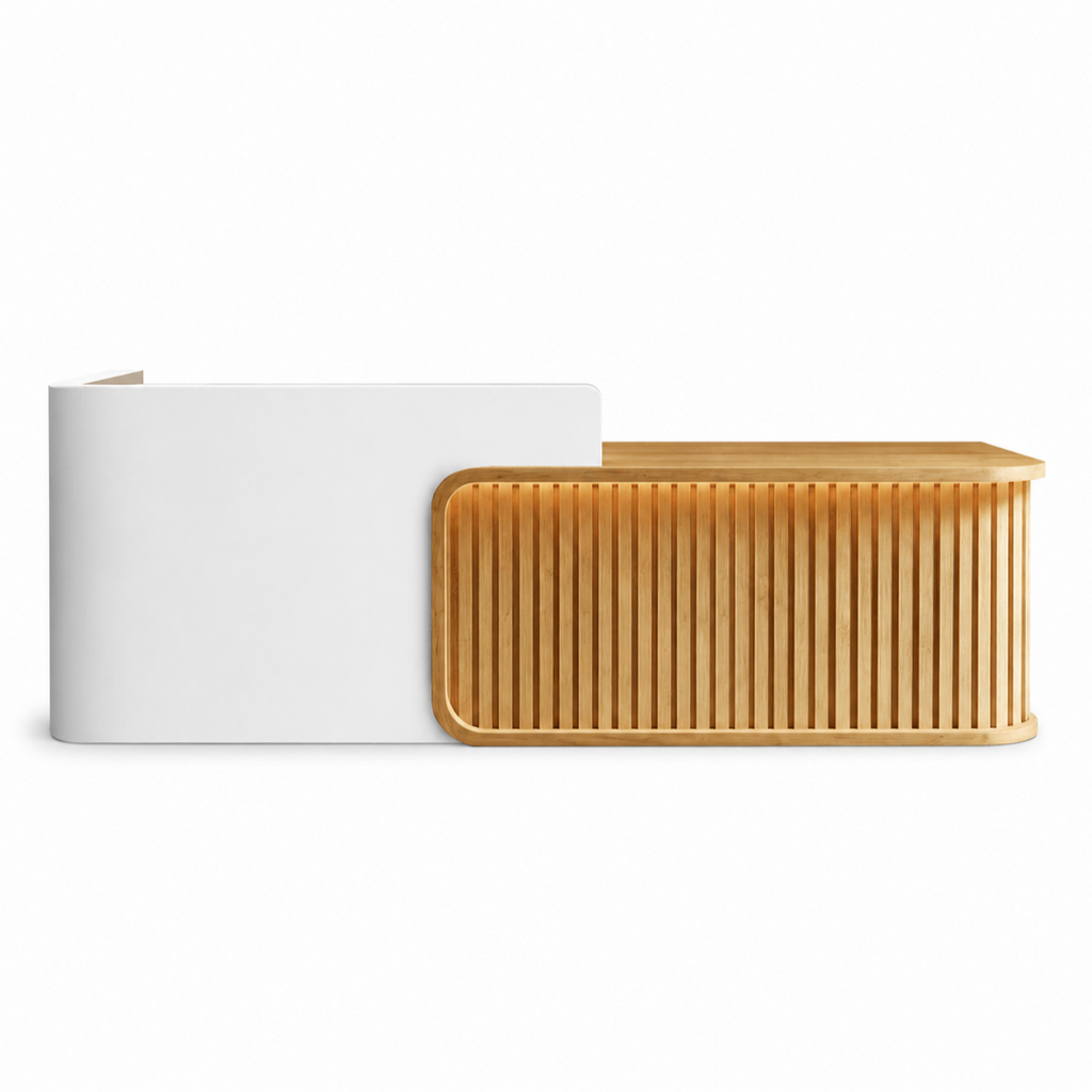 Luxury LED Reception Desk with Fluted Wood Grain Panels and Rounded Edges