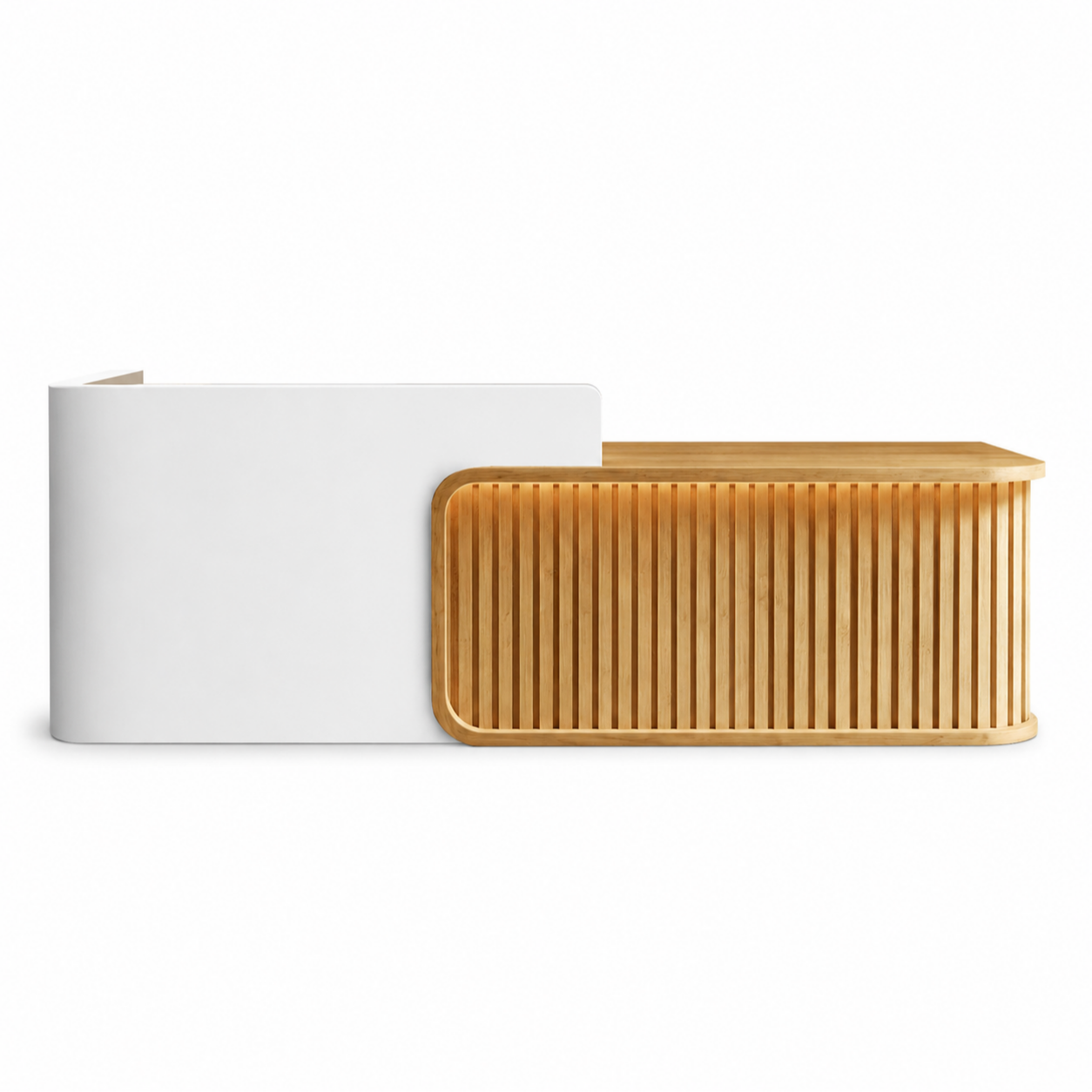 Luxury LED Reception Desk with Fluted Wood Grain Panels and Rounded Edges