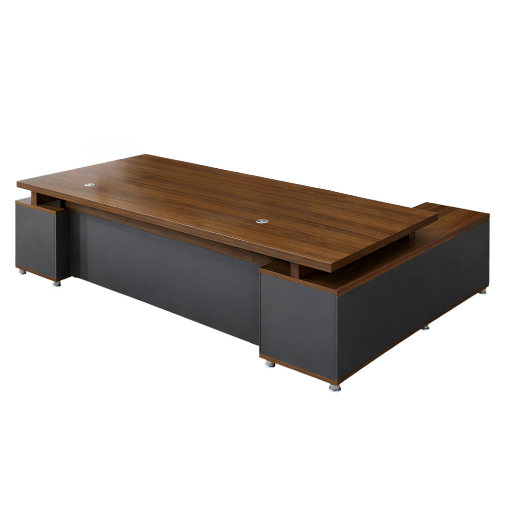 Modern Executive Office Desk With Return, Lockable Storage, Cable Grommets, Two-Tone Finish