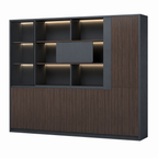 Dark Woodgrain Modern Executive Filing Cabinet with Glass Display Shelving