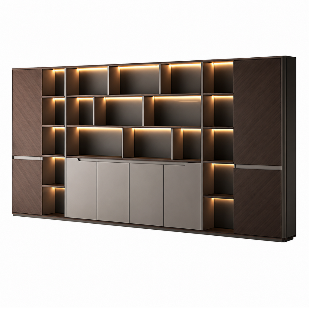 Contemporary Office Storage Wall Unit with LED Display Shelves