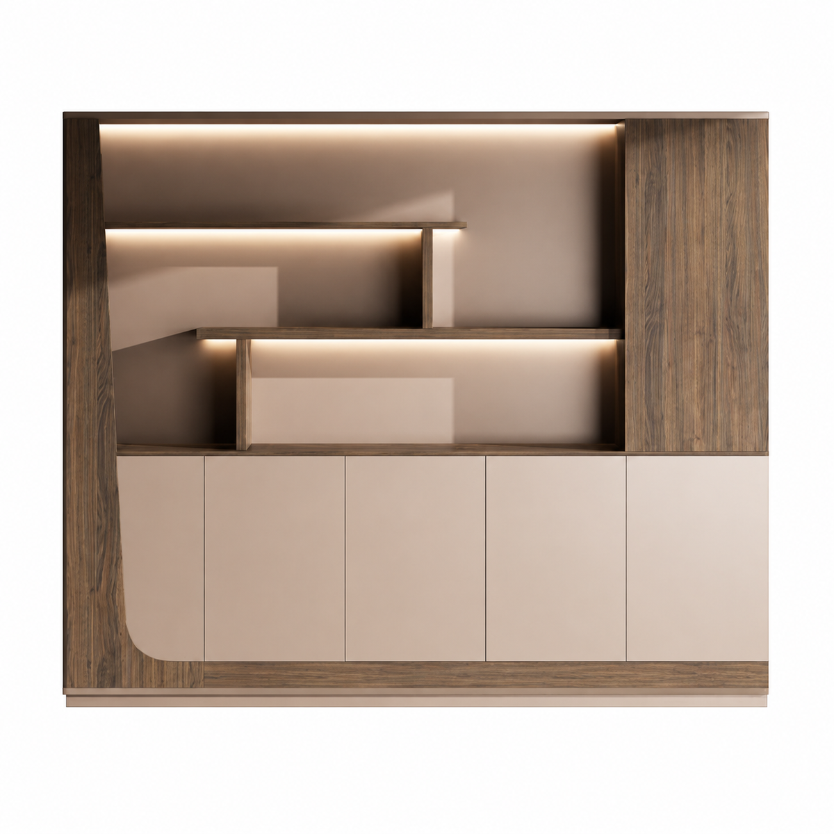 Modern Storage Wall Unit with LED Lighting, Hidden Wardrobe and Push Open Cabinets