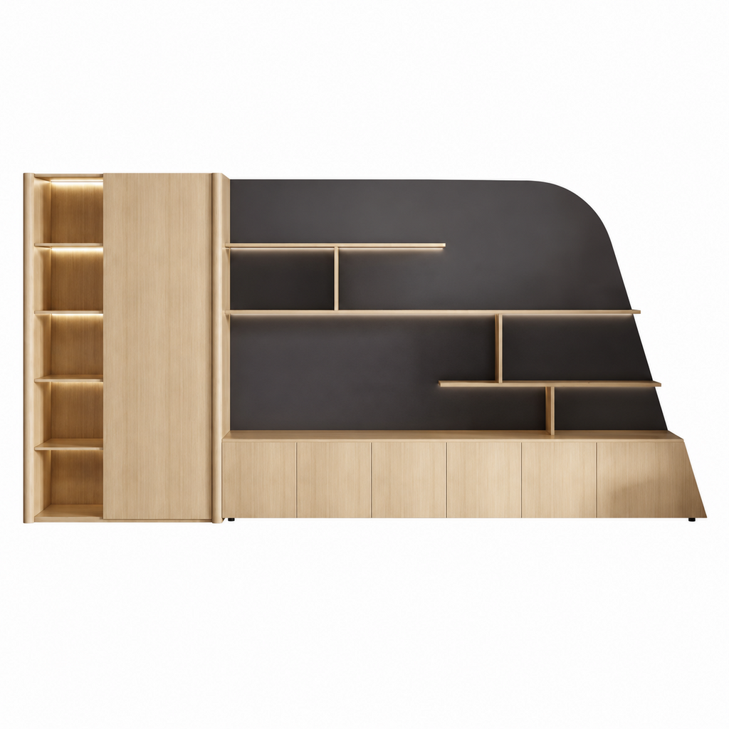 Curved Display Filing Cabinet with Integrated Wardrobe Storage