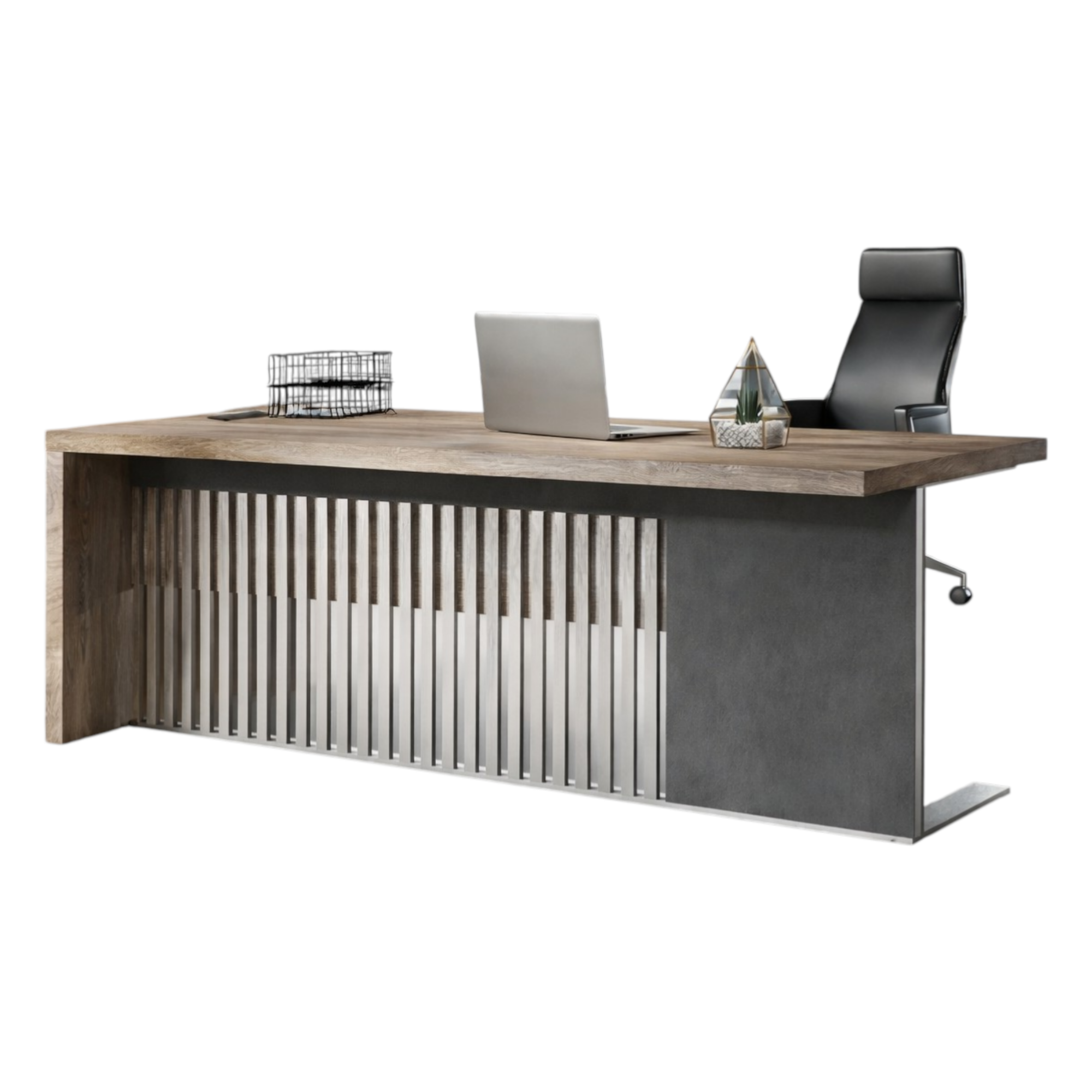 Modern Executive Office Desk with Slatted Privacy Panel and Woodgrain Desktop
