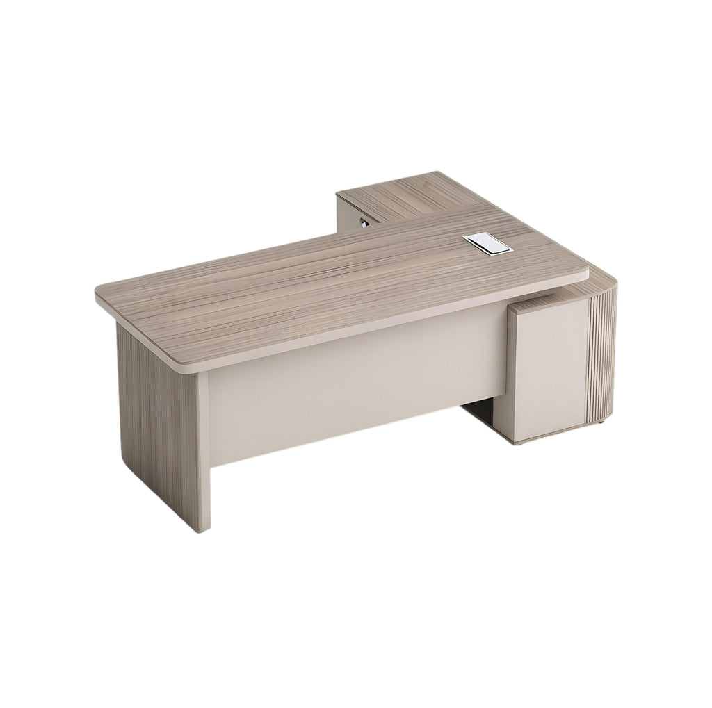 Executive Floating L-Shape Stone Grey Office Desk with Integrated LED Lighting and Storage