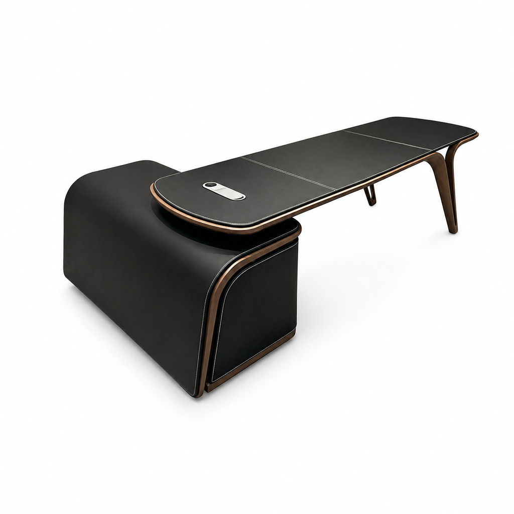 Modern Executive Office Desk with Curved Return Cabinet and Black Desktop