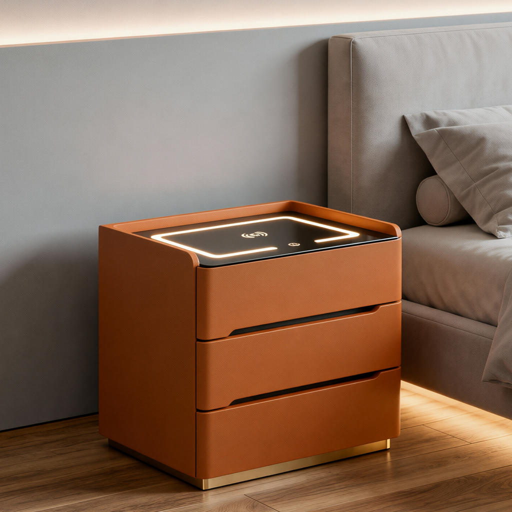 Smart Bedside Table with Wireless Charging and LED Light