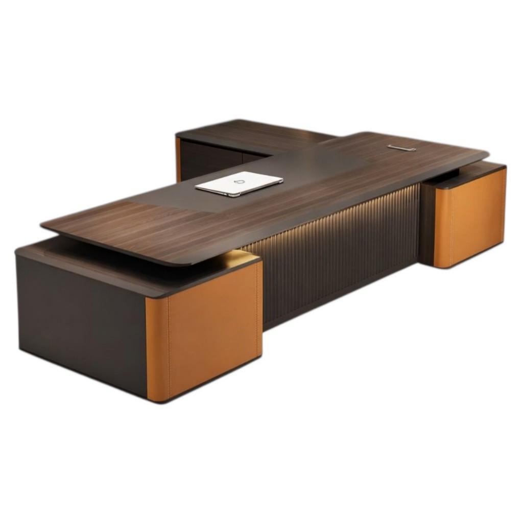 Modern Executive Timber Desk with Tan Accents and Integrated Secure Side Storage Cabinet