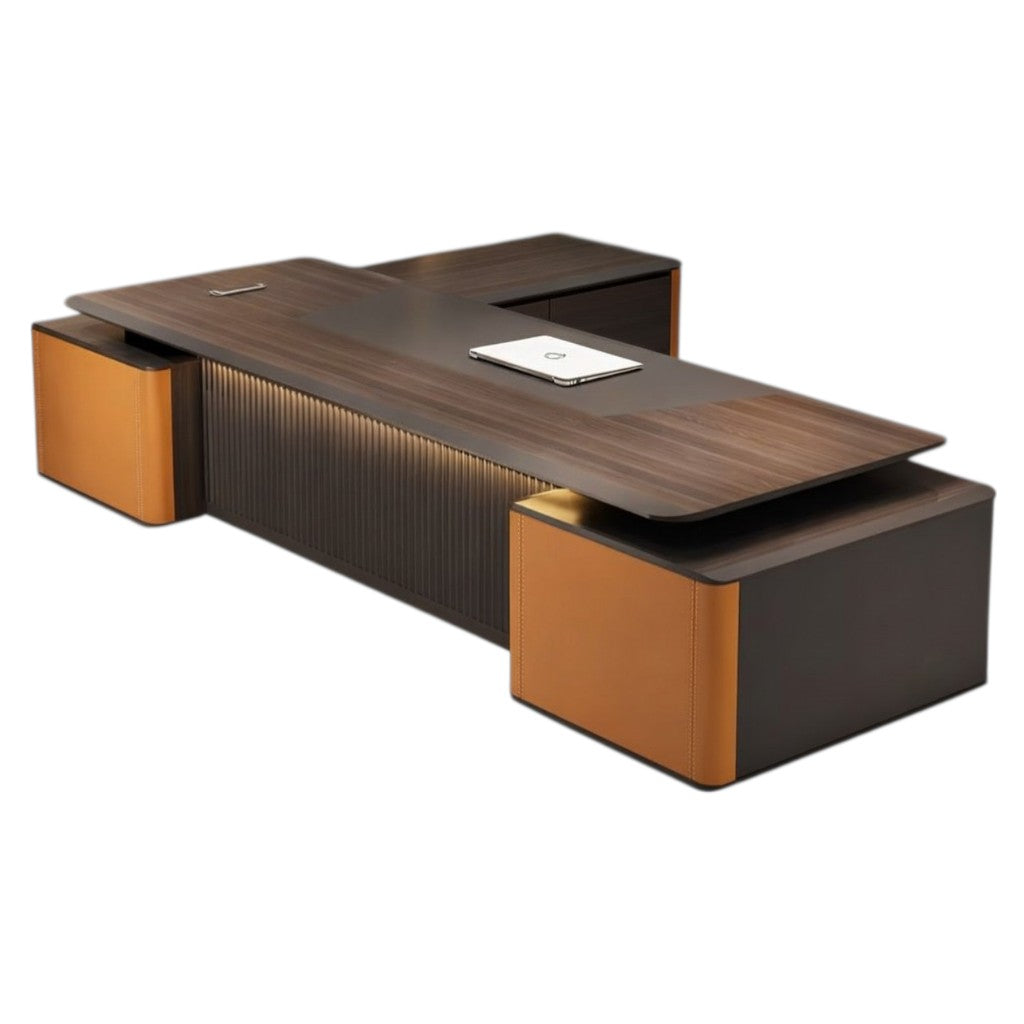 Timber Storage Container Desk Modern Executive Timber Desk with Tan Accents and Integrated Secure Si ...
