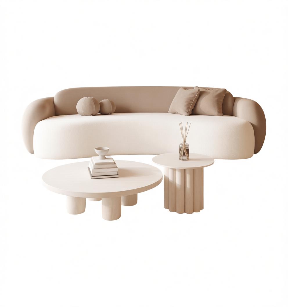 Curved Cream Bouclé Sofa and Round Coffee Table Lounge Set with Accent Armchair