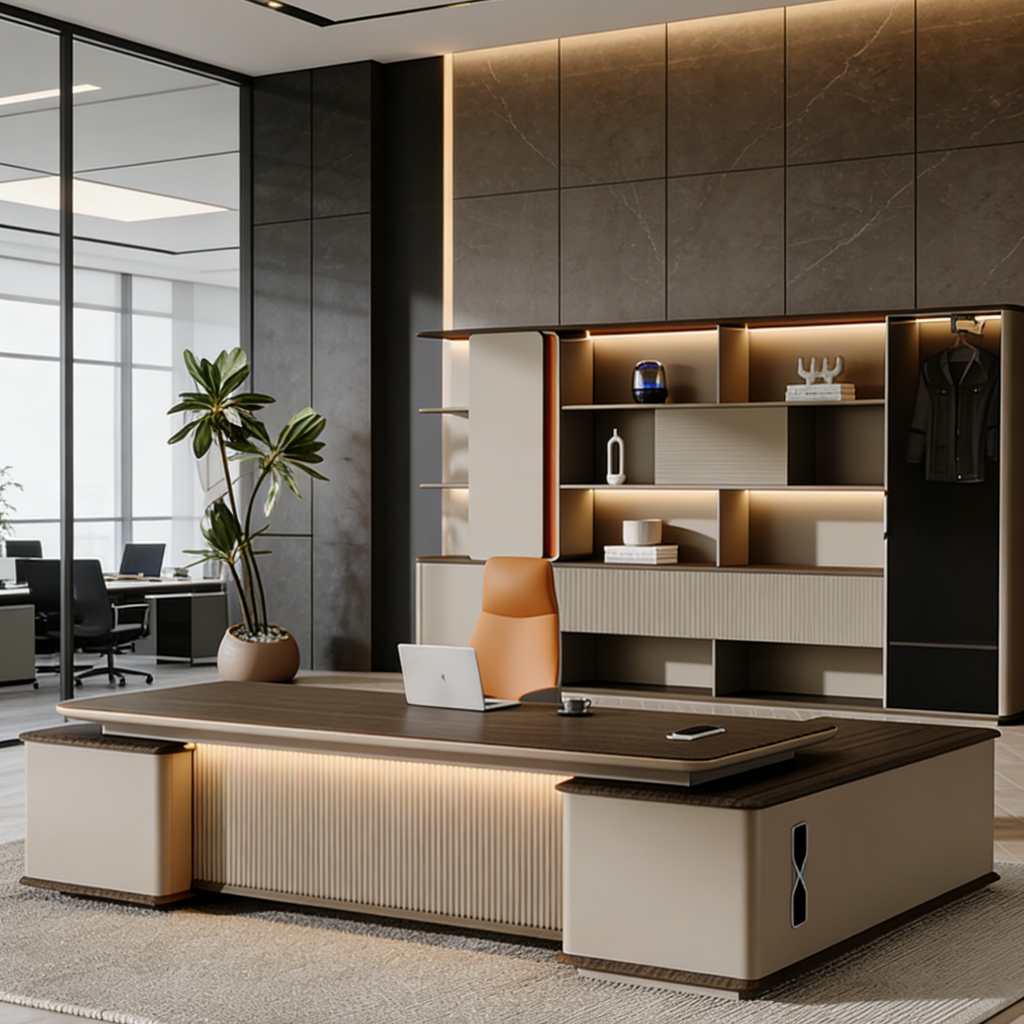 Wide Executive Desk with Fluted Front and Side Storage