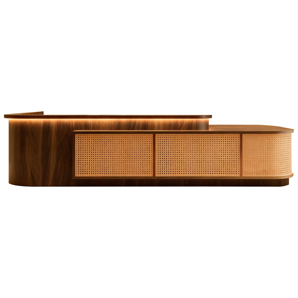 Premium Timber and Woven Rattan Reception Desk with Warm Glow Lighting