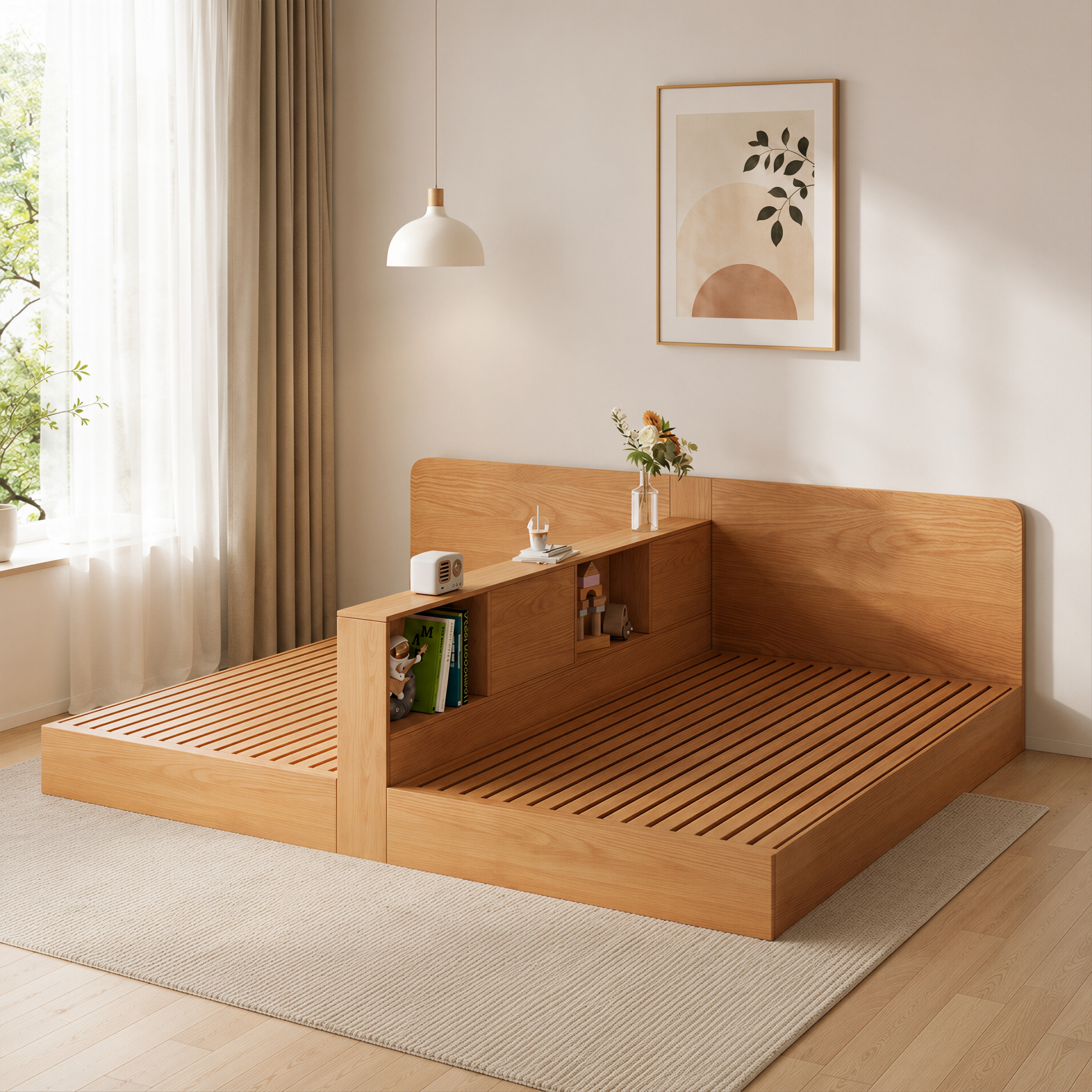 Natural Timber Twin Storage Bed with Divider Shelf