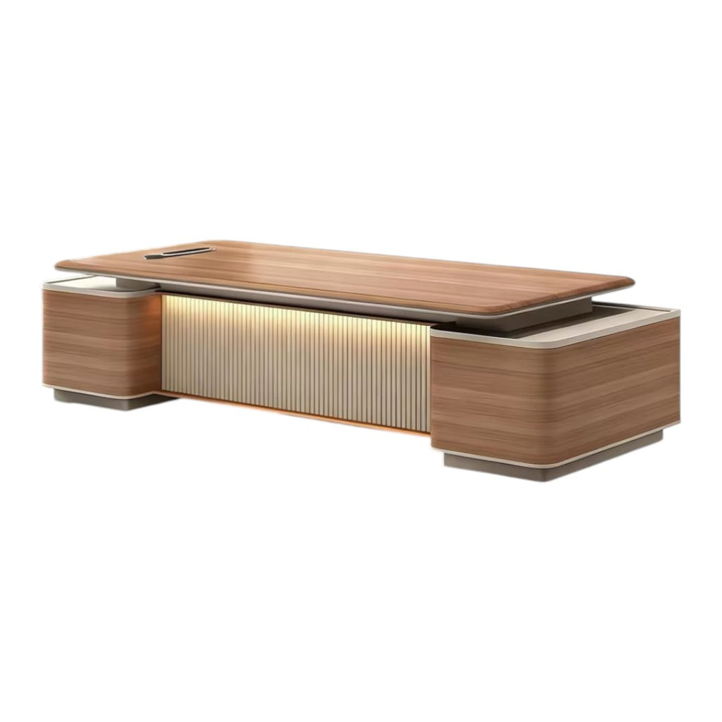 Sophisticated Grand Scale Executive Timber Desk featuring Integrated Side Return and Ambient Lighting