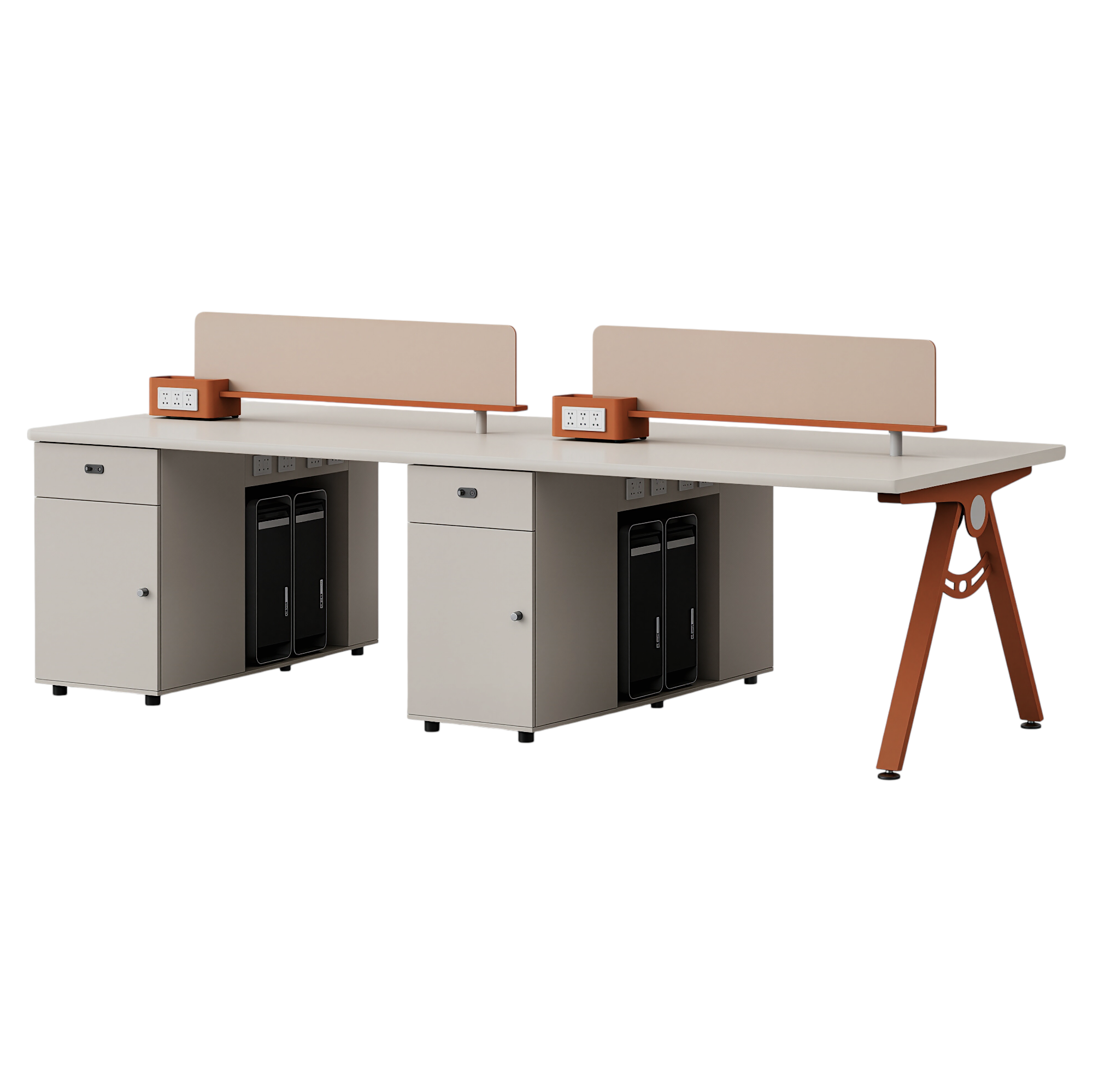 Streamlined Office Bench Desk with Divider Screen and Integrated Storage Pedestals