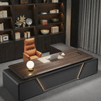 Modern Executive Desk With LED Accent Panel, Integrated Storage Credenza And Rounded Corners