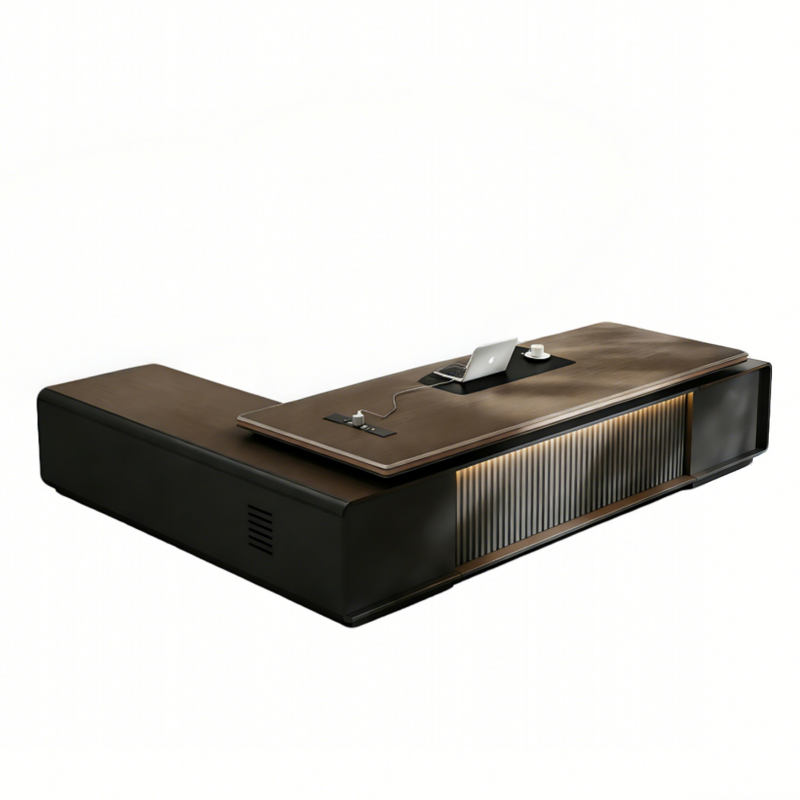 Modern Low-Profile Executive Desk with LED Feature Panel and Integrated Storage