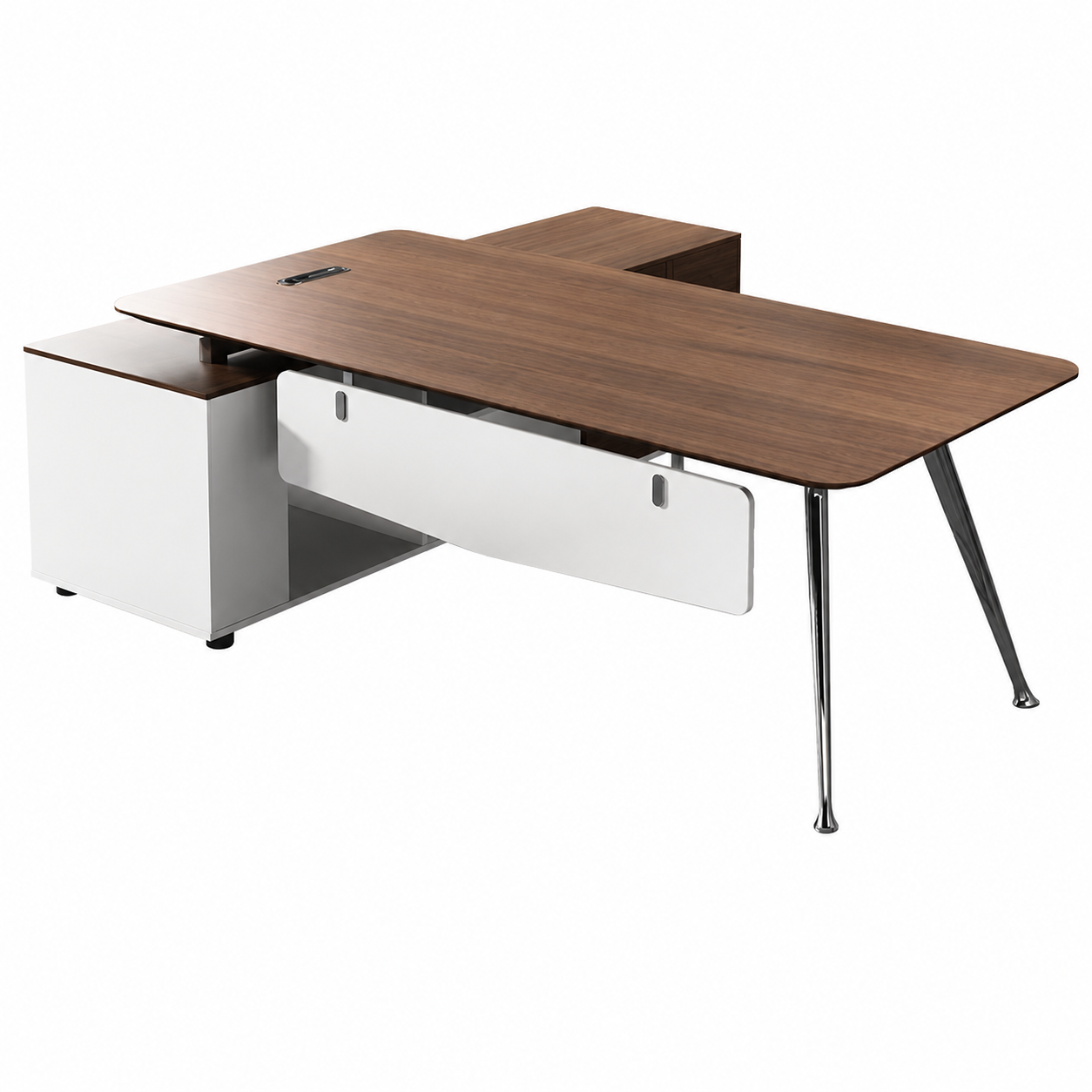 Modern Executive Desk with Walnut-Style Worktop, Privacy Panel and Chrome Tapered Legs